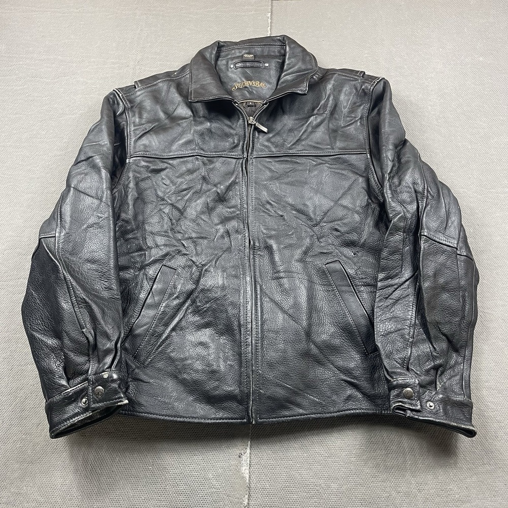 St. Johns Bay Leather Jacket Mens Large Black Quilt Lined Full Zip Up Bomber